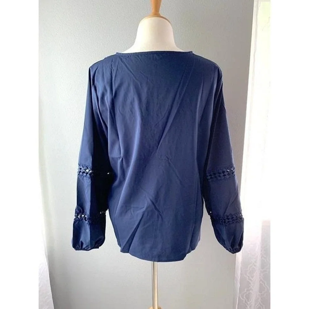 Navy Blue Crochet Lace V-Neck Long Sleeve Blouse Boho Top XL - Picture 5 of 8